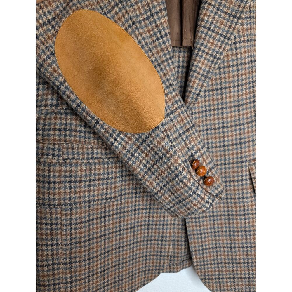 VTG 70s Men 100% Wool Blazer Tweed Houndstooth Leather M/L Preppy Equestrian - Picture 4 of 7